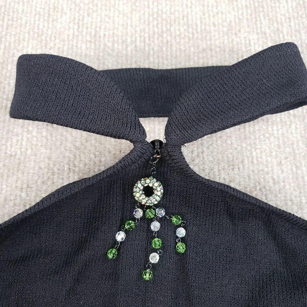 St John Evening Marie Gray‎ Dress Womens Size 2 Black Halter Jewel Beaded Neck